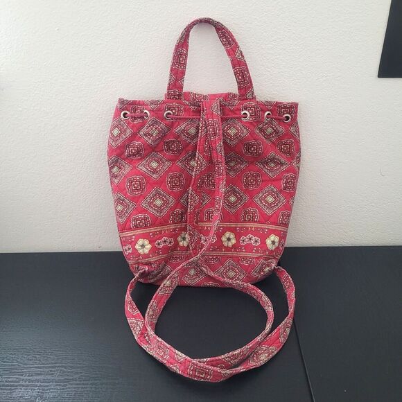 Vintage Red Geometric Floral Print Quilted Drawstring Bag Backpack Boho Hippie - Picture 2 of 8